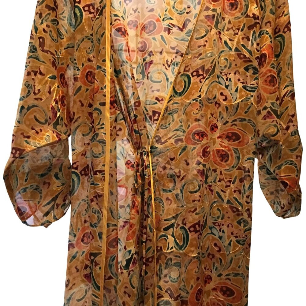 VTG Gold Label Victoria's Secret Woman Abstract Kimono Robe Satin Belt Swim S/P - Picture 7 of 13